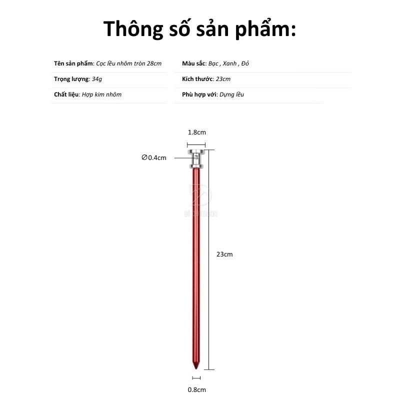 Cọc dựng lều - cọc cắm đất cắm trại 23cm Thông số cọc lều