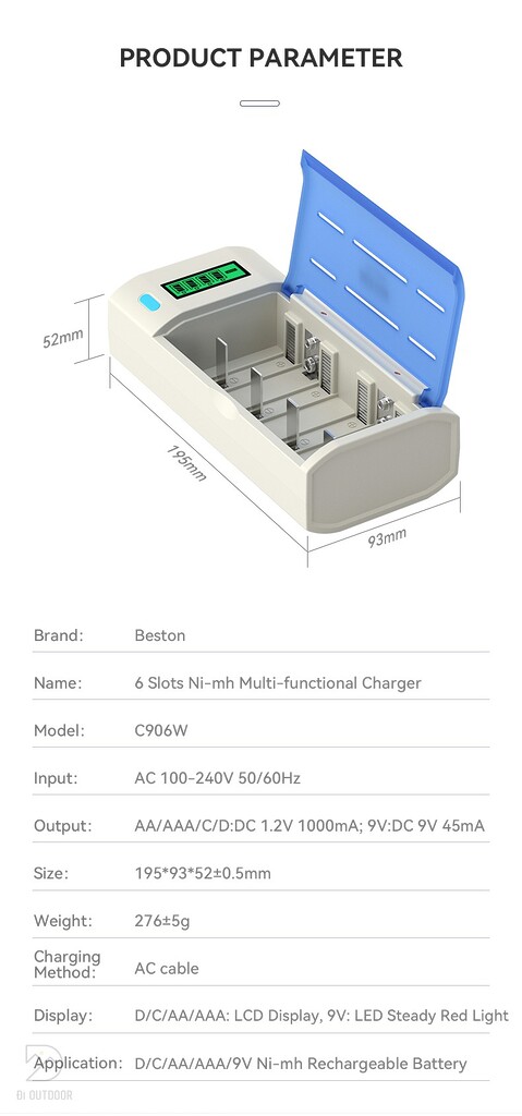 Sạc pin beston c906w aa/aaa/c/d/9v ni-mh 6 slot