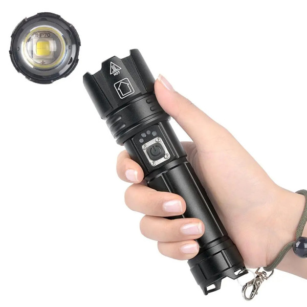 Flashlight xhp70 đặt cạnh balo dã ngoại, gợi ngữ cảnh cắm trại và trekking