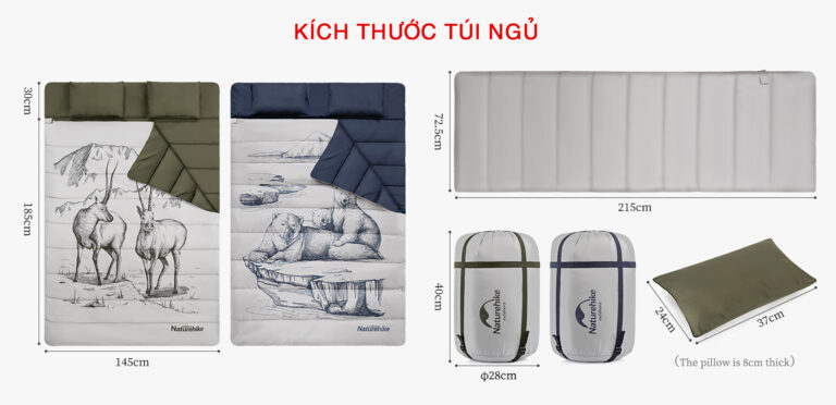 Túi ngủ đôi naturehike 2 người kèm gối hơi Kích thước túi ngủ naturehike nh21msd06