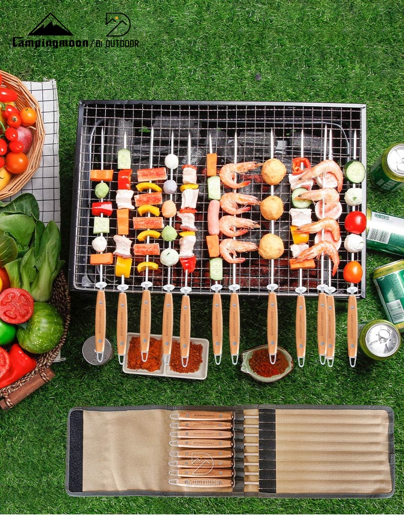 Bộ 8 que xiên thịt nướng bbq inox campingmoon k-480 Bộ 8 que xiên nướng bbq 2 đầu kèm túi đựng campingmoon k-480
