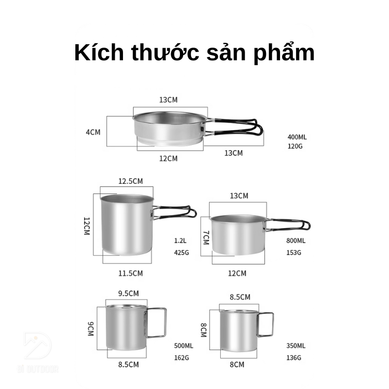 Bộ nồi dã ngoại 5 món bằng thép không gỉ Bộ nồi dã ngoại 5 món bằng thép không gỉ