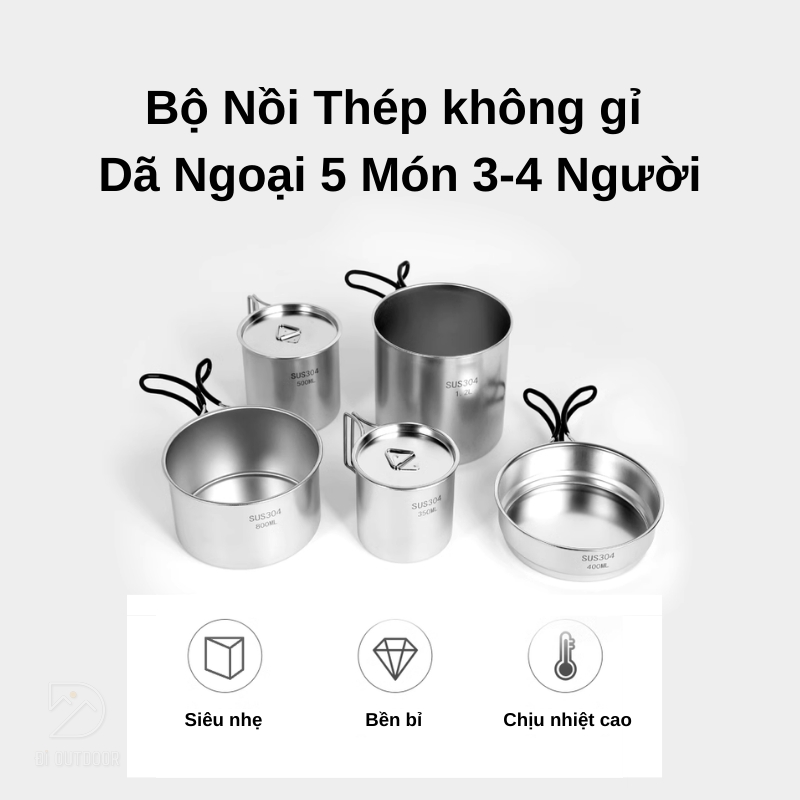 Bộ nồi dã ngoại 5 món bằng thép không gỉ Bộ nồi dã ngoại bằng thép không gỉ