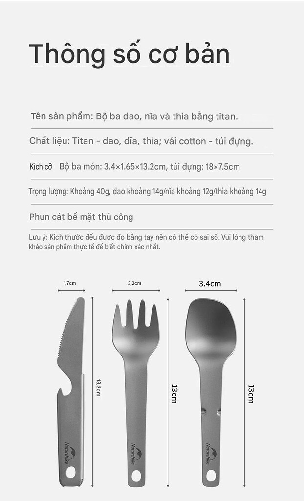 Bộ thìa dĩa dã ngoại naturehike cnh22cj017 chất liệu titanium siêu nhẹ 3 món