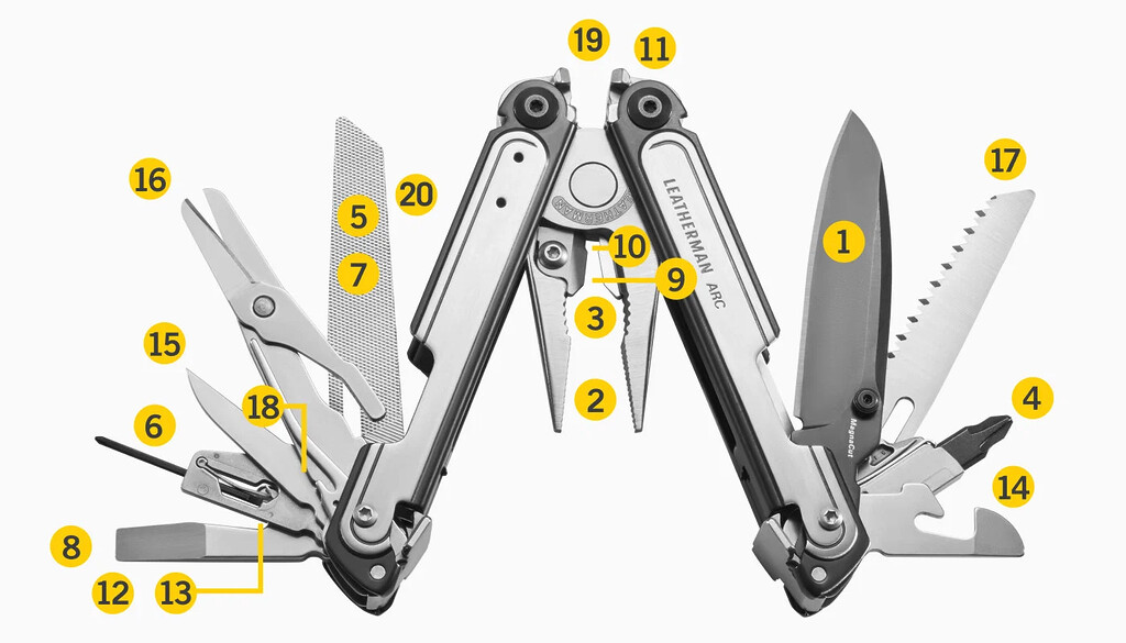 Kìm đa năng leatherman arc – thép magnacut Leatherman arc mở đầy đủ 20 công cụ, phối màu đen bạc