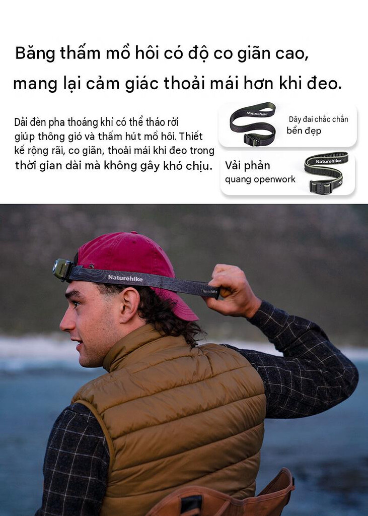 Trọng lượng thân đèn 67. 5g nhỏ gọn trên tay của đèn pin đeo đầu naturehike