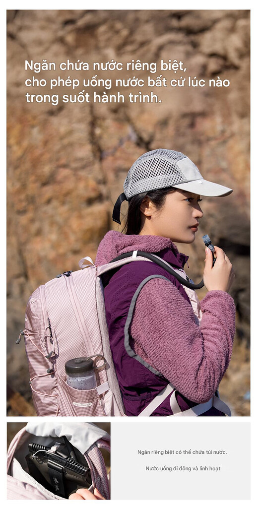 Ngăn phụ bên trong kích thước 25x34cm đựng đồ cá nhân trên balo naturehike 20l