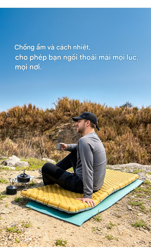 Bối cảnh trải thảm ngồi nghỉ ngơi ven suối bằng đệm xốp dã ngoại gấp gọn